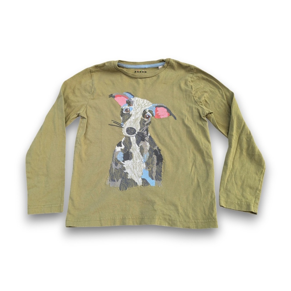 Mini Boden Green Dog Super Stitch Embroidered Long Sleeve Shirt Kids Girls 7-8